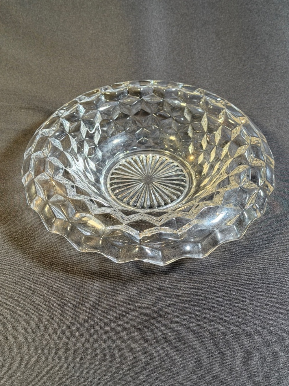 Vintage Fostoria American Clear Glass 12 Inch Rolled Edge Bowl, Cubist Pattern
